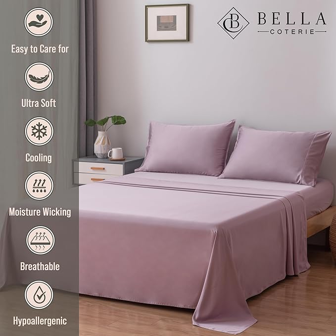 Bella Coterie Luxury Bamboo Viscose Full Size Sheet Set | 100% Organically Grown | Ultra Soft | Cooling for Hot Sleepers | 18" Deep Pocket [Lilac]
