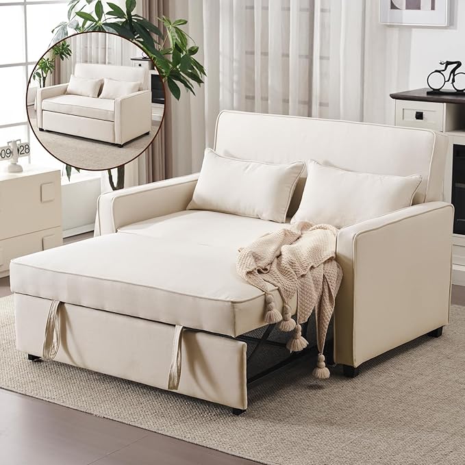 Furnimart 3-in-1 Convertible Sleeper Sofa with Pull-Out Bed, 53" Futon Couch Bed, Adjustable Backrest Loveseat for Small Spaces Beige