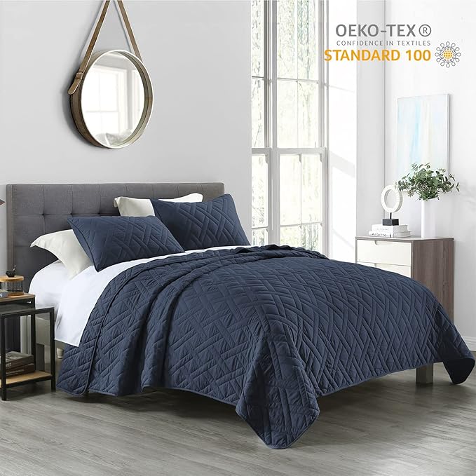 HORIMOTE HOME Quilt Set Twin Size Navy Blue, Classic Geometric Diamond Stitched Pattern, Ultra Soft Microfiber Lightweight Bedding Set Bedspread Coverlet for All Season with 1 Quilt 1 Pillow Sham