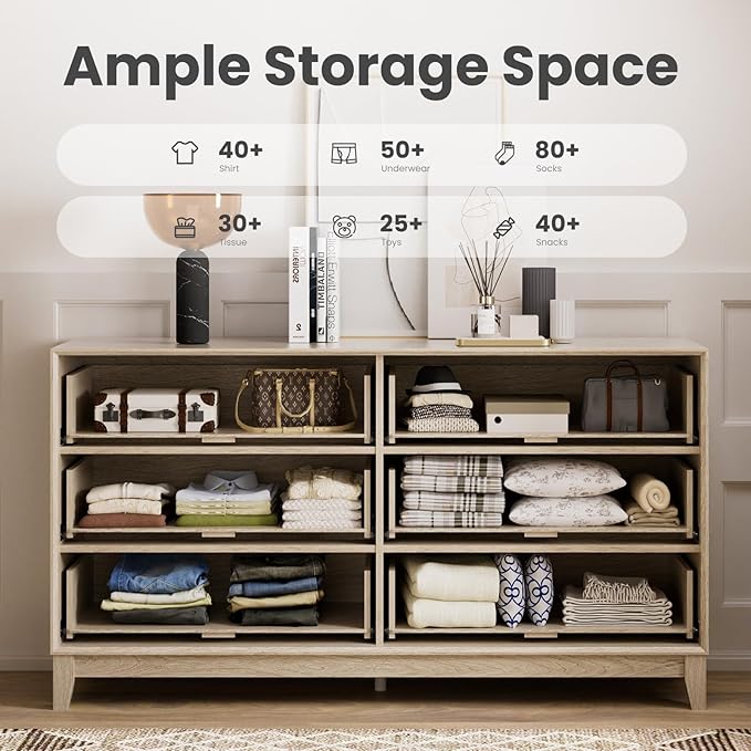 COLAMY Fluted Dresser, Modern Wooden 6 Drawer Dresser 55”, Side Board Buffet Storage Cabinet, Accent Cabinet with Metal Handles for Bedroom, Entryway, Hallway, Oak