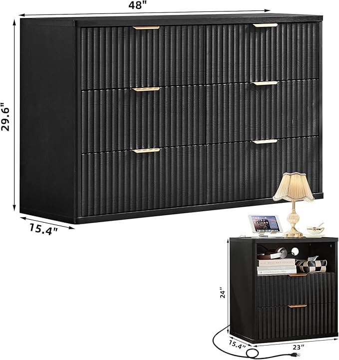 LEYAOYAO 48" Wide Fluted Dresser and 2 Drawers 23" Nightstand Set of 2, Wooden Dresser & Night Stand with Charging Station, 3 Piece Bedroom Furniture Set, Chest of Drawer for Living Room,Black