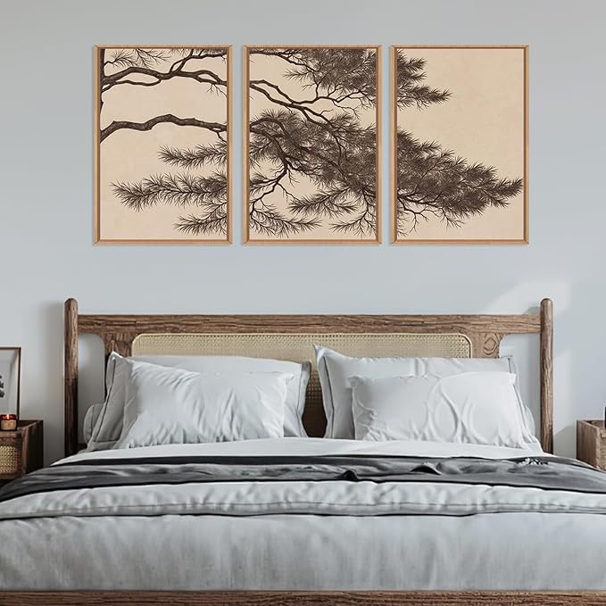 LHIUEM Large Vintage Pine Tree Branch Framed Canvas Wall Art,Sketch Botanical Wall Decor,Nature Plant Artwork,Brown Antique Etching Art Prints for Living Room,Bedroom,Office- 24"x36"x3