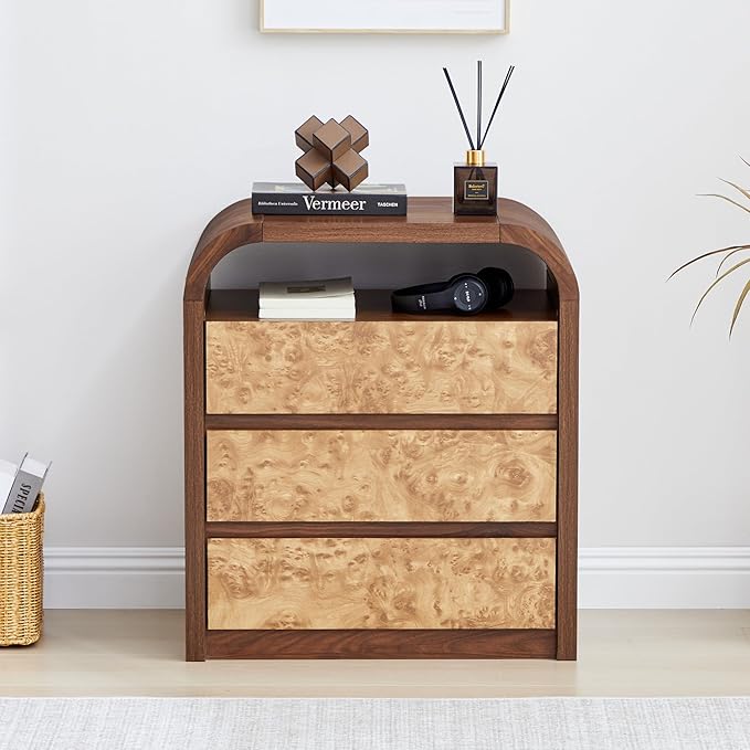 3 Drawer Dresser for Bedroom, Modern Chest of Drawers with Open Shelf, Burl Wood Tall Nightstand End Table for Living Room, Hallway (Walnut)