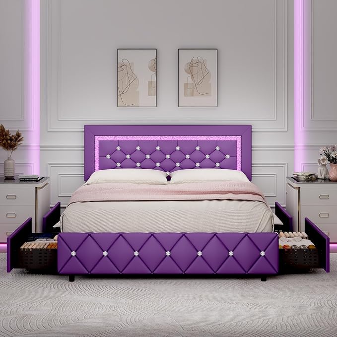 BarnFurin Queen Size Bed Frame with Headboard, Faux Leather Upholstered Bed with Diamond Tufted Design, Mordern Bed Frame with Wooden Slats Suppor, No Box Spring Required, Easy Assembly, Purple