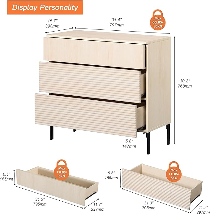 WAMPAT 31.5" W Fluted Dresser for Bedroom, Modern 3 Drawer Dresser TV Stand with Hidden Handles, Wooden Wide Chest of Drawers Closet Clothes Storage Organizer for Bedroom, Living Room, Beige