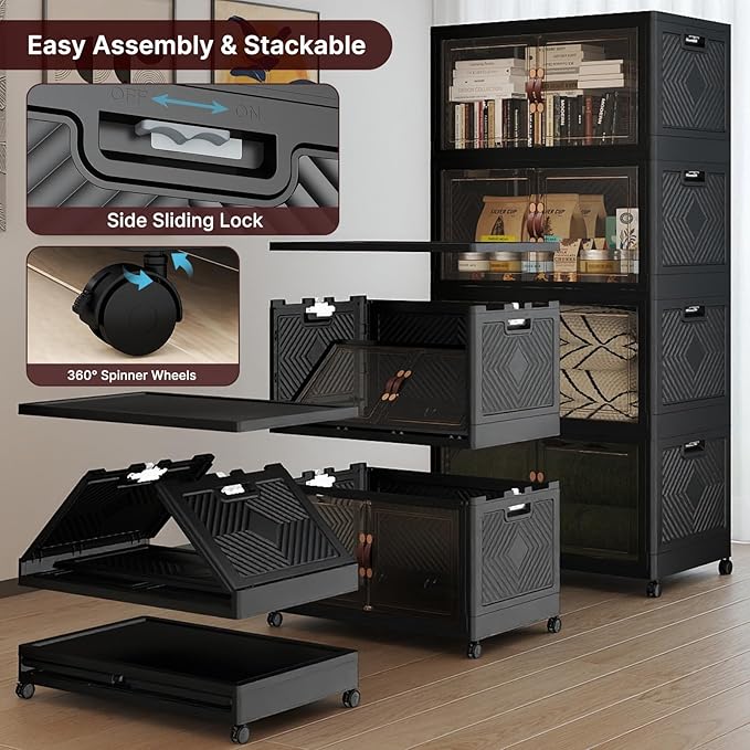 640Qt Stackable Storage Bins with Lids, 4 Pack Large Collapsible Bins with Wheels, Plastic Cabinet with Doors, Foldable Closet Organizers and Storage for Home, Dorm, Office, Black