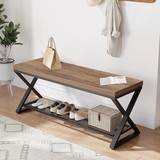 LVB Entryway Shoe Bench with Storage, 39” Entryway Bench for Foyer Hallway, Farmhouse Wood and Metal Indoor Bench for Entrance, Shoe Rack Storage Bench with Sitting for Living Room, Rustic Oak, 39 in