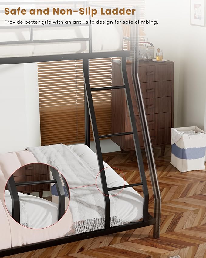 Twin Over Full Bunk Bed for Adults & Kids, Heavy Duty Bunk Beds with EVA Padded Ladder and Full-Length Guardrails, Noise-Free Metal Bed Frame, Space-Saving Design, Black