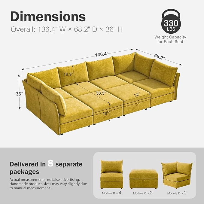 ABCASA 136.4" Oversized Modular Sectional Sleeper Sofa Bed, U Shaped Convertible Couch with Movable Ottoman, Large 8 Seat Corner Couches for Living Room Deep Seat Yellow Chenille