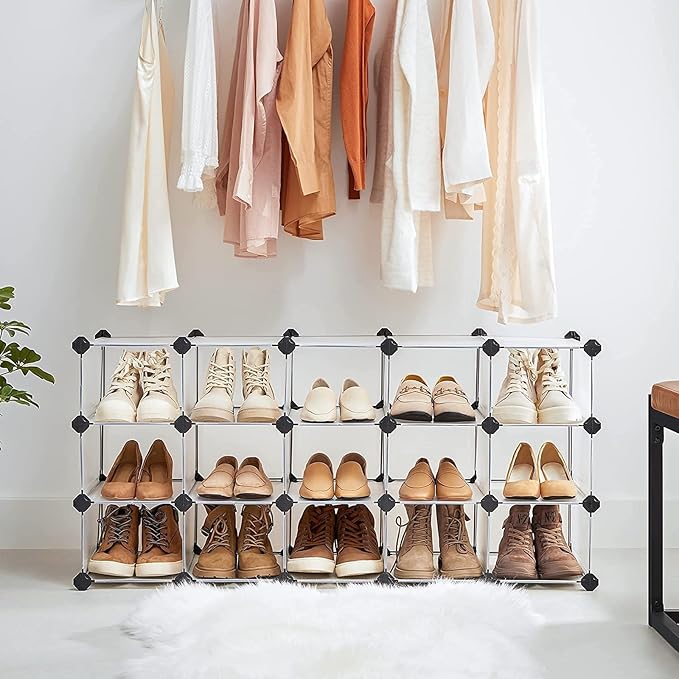 SONGMICS Shoe Rack with 16 Cubes, Interlocking Plastic Shoe Organizer, DIY Storage Cabinet for Closet Entryway Bedroom Garage, Space Saving Design, 12 x 35.1 x 27.2 Inches, Transparent ULPC445W02