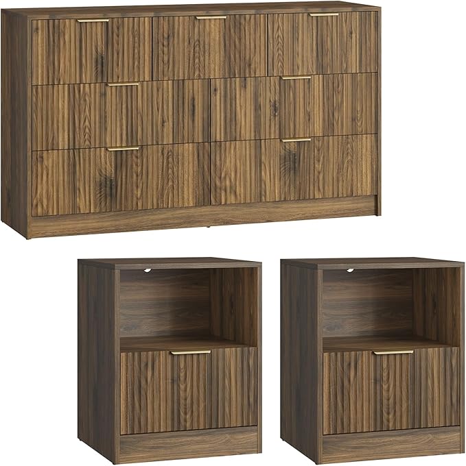 Fluted Dresser & Nightstand Set 3-Piece, 7 Drawer Dressers and Night Stand Set of 2 with Metal Handle, Fluted Mid Century Wood Chest of Drawers Storage Dressers Set for Bedroom, Walnut