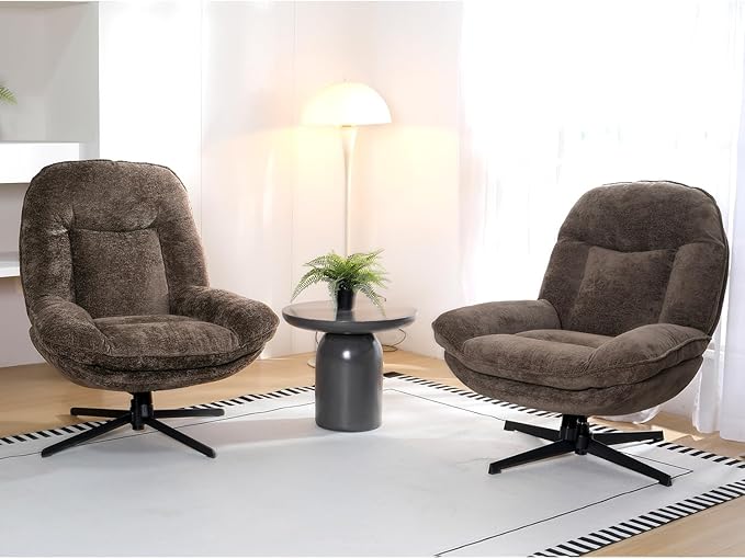 360°Free Swivel Accent Chair Set of 2 for Living Room, Slightly 20°Rocking, 24" High Backrest Upholstered Armchair, Ergonomic Design, Chenille Breathable Soft Fabric Modern Single Sofa, Brown