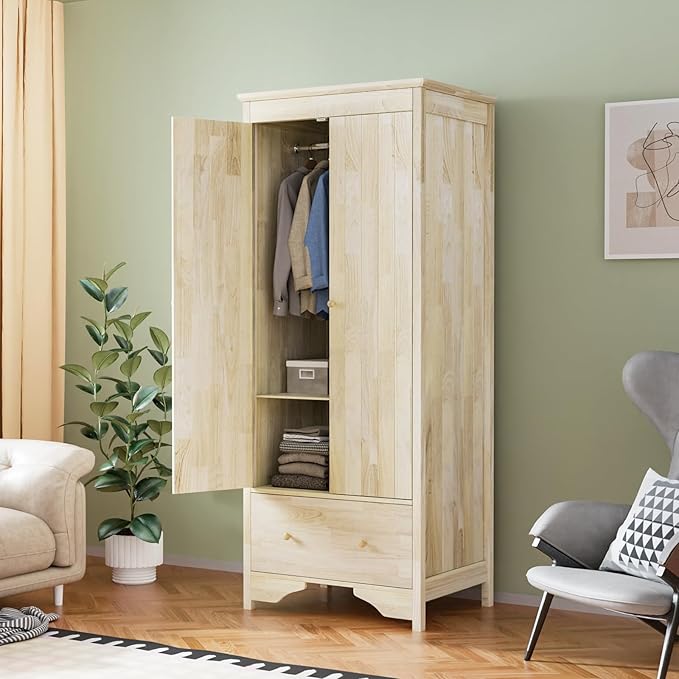 VINGLI Solid Wood Wardrobe Closet, Unfinished Natural Rubber Wood Armoire Color DIY, Wooden Wardrobe Closet with Doors and Drawers, Real Wooden Armoire for Hanging Clothes