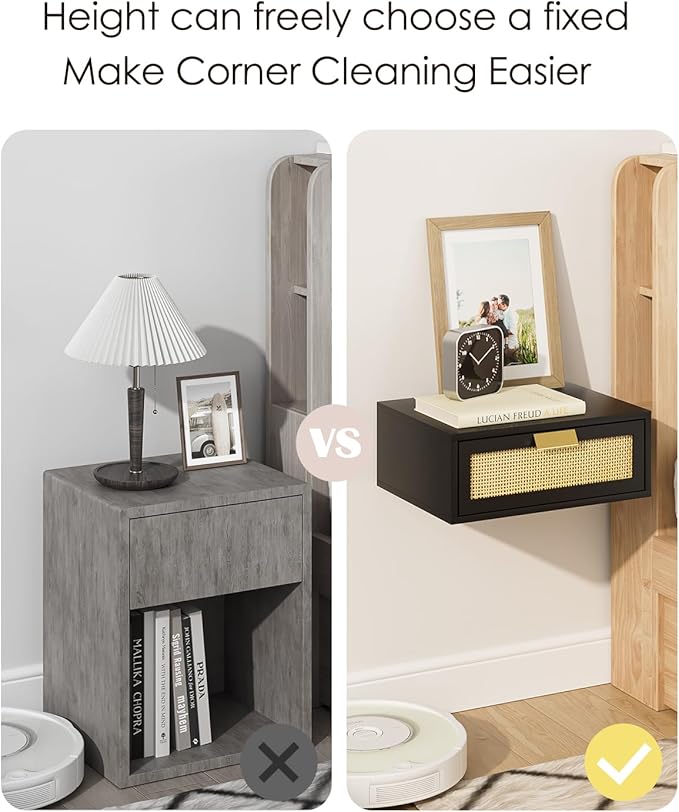 Floating Nightstand, Floating Shelf with Drawer, Wall Mounted Nightstand, Floating Bedside Table (Black Rattan)