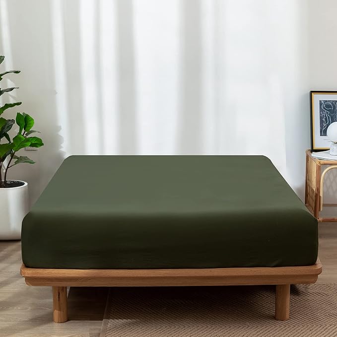 MooMee Fitted Bottom Sheet Only 100% Washed Cotton Linen Like Textured Breathable Durable Soft Comfy Deep Pocket Fits Mattress up to 17" (Olive Green, California King)