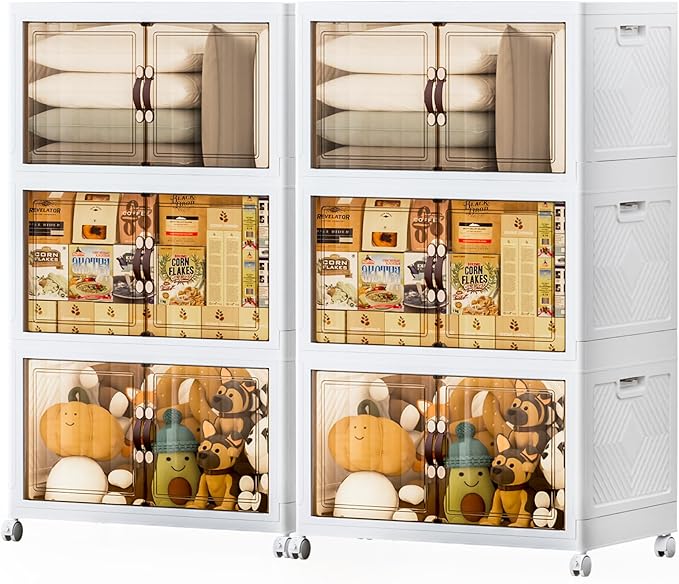 JEKO&JEKO 800Qt Foldable Stackable Storage Boxes with Lids and Wheels, Stackable Plastic Storage Bins for Home, White, 6Pack