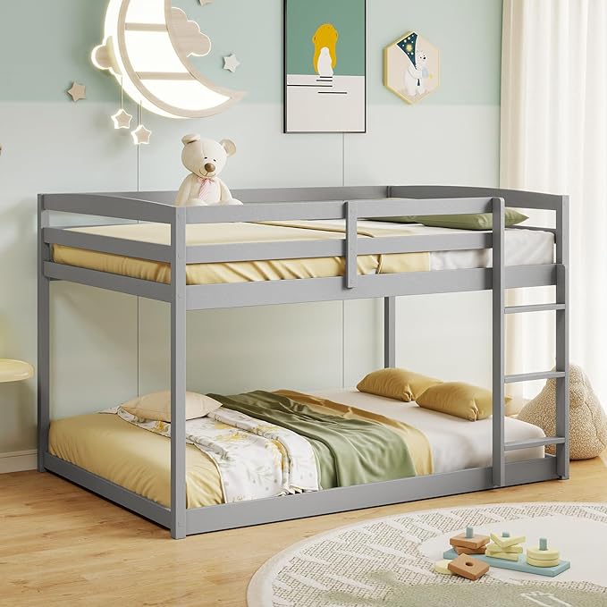 KOMFOTT Low Bunk Bed Full Over Full, Solid Wood Full Bed Frame with Built-in Ladder & Safety Guardrails, No Box Spring Needed, Space-Saving Low Bunk Bed for Kids & Teens