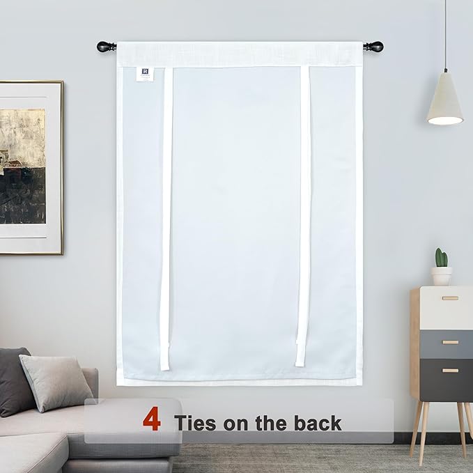 DriftAway Double Layer Linen Blackout Tie Up Curtains Thermal Insulated Fully Lined Balloon Roman Shade Bathroom Window Adjustable Rod Pocket for Small Window 31 Inch by 47 Inch White