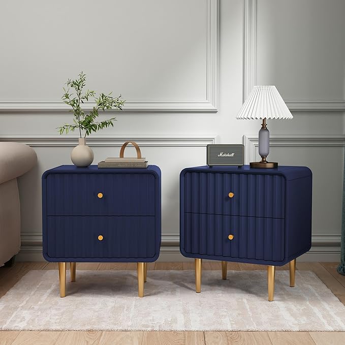 HLR Modern Nightstand, Fluted Bed Side Table with 2 Drawers Storage, Wood End Table with Gold Metal Handle, Blue Night Stands for Bedroom