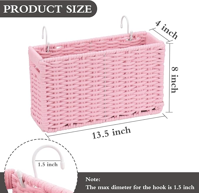 Cotton Rope Woven Bedside Caddy for Dorm Bed, Foldable Bedside Shelf Bunk Bed Accessories, College Dorm Room Essentials Hanging Organizers Storage Basket, Room Decor Magazine File Holder (Pink)