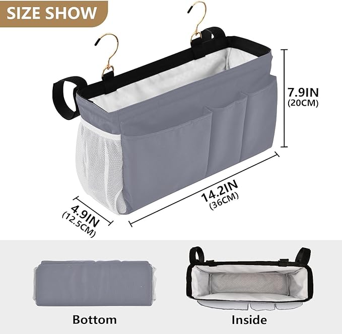 KOPIRIT Grey Bedside Caddy Storage Bag Bedside Organizer for Dorm Room Top Bunk Bed Organizer Caddy Hanging Shelf 6 Pockets with Hooks for Book Glasses Phone Holder