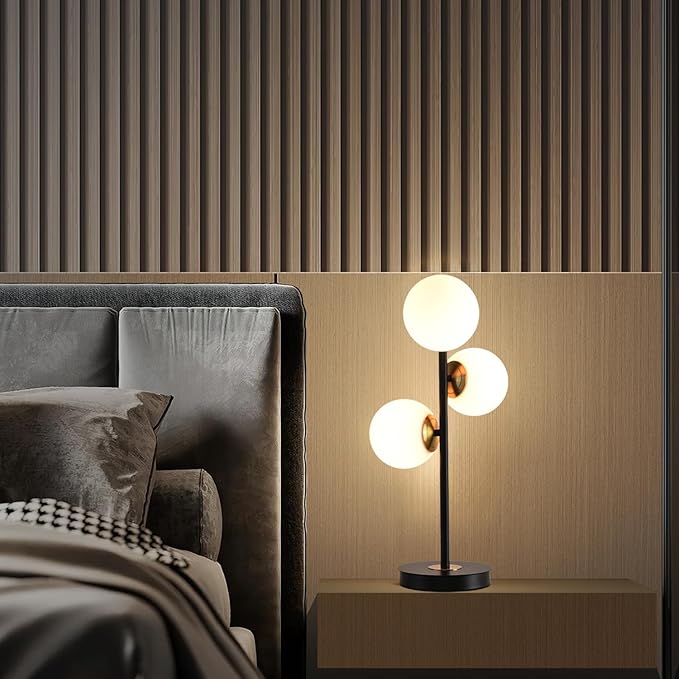 3-Light Black and Gold Table Lamp, Milk White Glass Globe Table Lamp for Nightstand, Mid Century Modern Bedside Lamps for Bedroom Living Room Office, G9 Base (Bulbs Not Included)