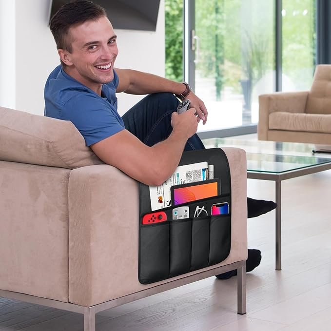 WETRBWEH TV Remote Control Holder Couch Caddy, Non-slip Bedside Caddy Organizer with 5 Pockets for Key Glasses Phone Magazine Holders (Black, 35"x12.4")