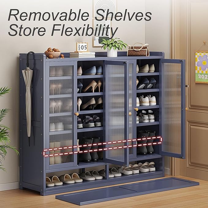 Bamboo Shoe Cabinet, 36-40 Pairs 8 Tier Shoe Rack with Doors, Freestangding Shoe Cabinet Organizer with Shelves, 43" Tall Shoe Rack Organizer for Entryway, Closet, Hallway
