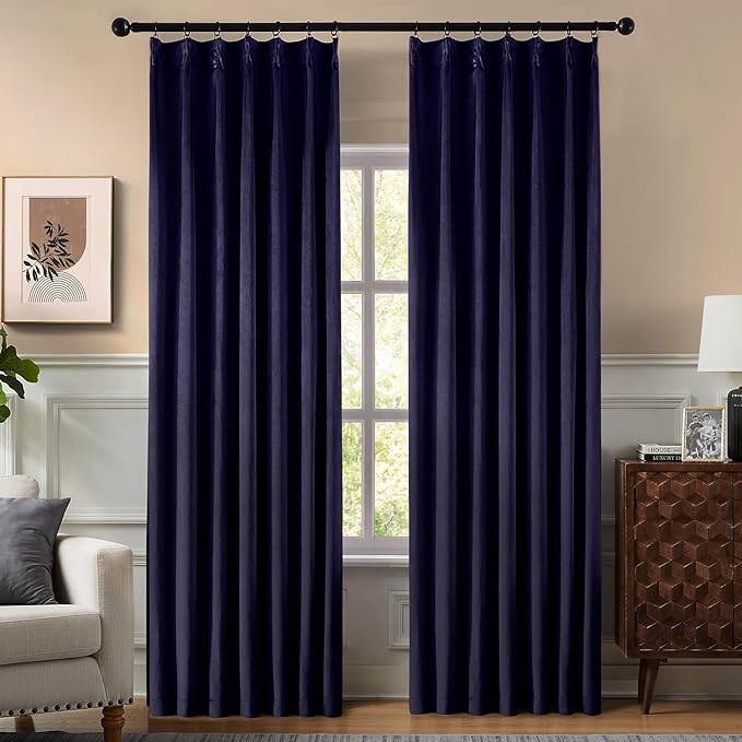 Pinch Pleated 100% Blackout Curtains for Bedroom, Navy Blue Velvet Curtains for Living Room, Black Out Curtain 90 inch Long Room Darkening, Blackout Pinch Pleat Drapes with Hooks 2 Panels