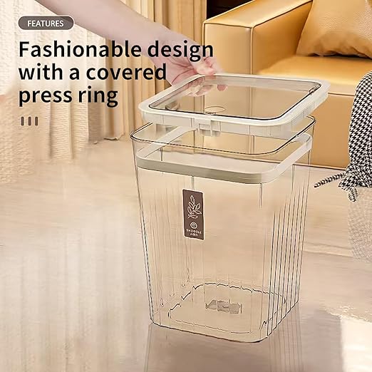 Bathroom Trach Can with Lid, 2.6 Gallon Grabage Can,Plastic Transparens Waste Basket with Press Top Lid,Clear Trach Bin for Home,Living Room,Bedroom,Office,Brown