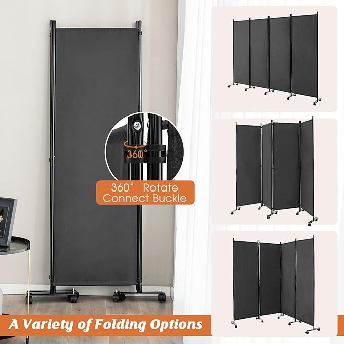 GOFLAME 4 Panel Folding Room Divider, 6FT Rolling Privacy Screen with Lockable Wheels, Portable Room Partition Screen, Freestanding Wall Divider and Separator for Home Office, Grey