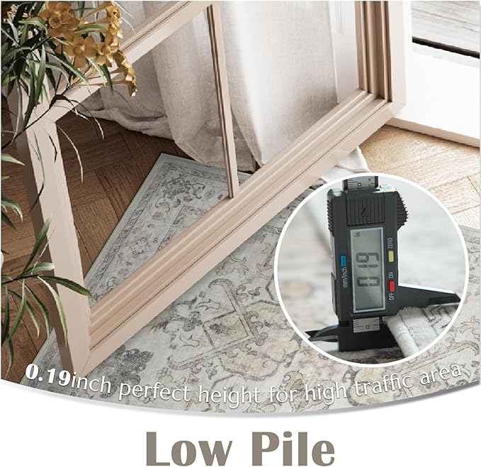 jinchan Hallway Runner Rug 2x10 Machine Washable - Vintage Floral Non-Slip Low-Pile Soft Ultra-Thin Faux Wool Kitchen Rug Distressed Carpet Runner for Farmhouse Bedroom Laundry Room (2x10ft, Taupe)