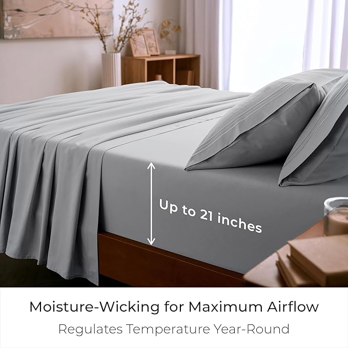 Mellanni King Sheet Set - 6-Piece Iconic Collection Bedding, (Including 4 Pillowcases), 21-Inch Extra Deep Pocket, Easy Care, Ultra Soft, Cooling Sheets, Brushed Microfiber - Light Gray