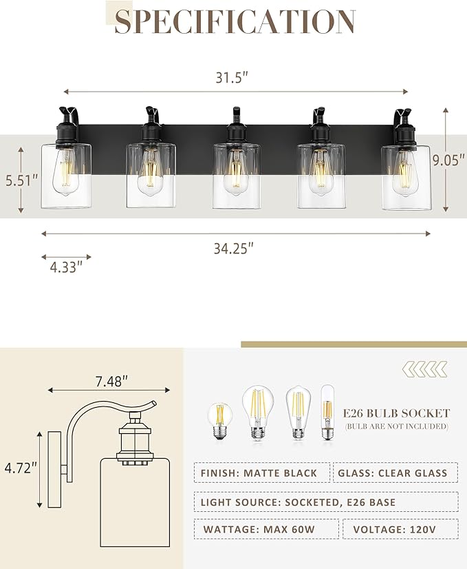 5 Light Bathroom Vanity Light, Black Light Fixture Morden Bathroom Lighting Fixtures Over Mirror Black Wall Sconces with Clear Glass Shade ZCVL01BK-5