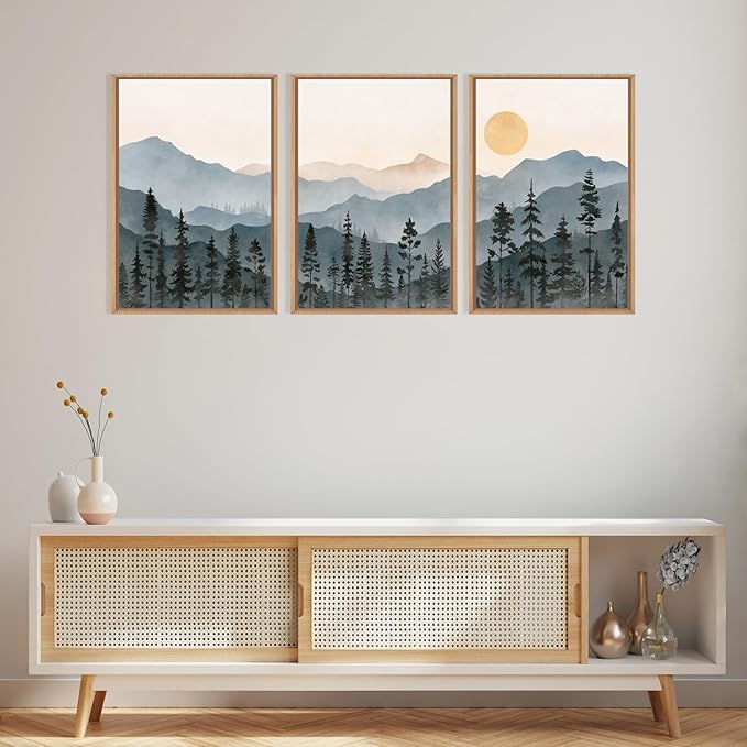 LHIUEM Boho Mountain Framed Canvas Wall Art Set,Forest Pine Tree Wall Decor, Sunrise Misty Wilderness Painting,Watercolor Nature Landscape Artwork for Living Room,Bedroom,Dining Room,Office -16"x24"x3