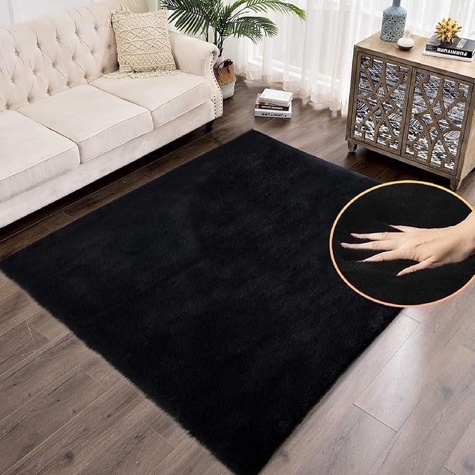 Black Fluffy Rug 5x8 Area Rugs for Bedroom Fuzzy Bunny Washable Fur Rugs for Living Room Teen Room Nursery Rectangle Rug