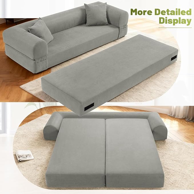 Convertible Futon Sofa Bed,80" Folding Pull Out Couch Bed with Storage,Queen Sleeper Sofa Bed,Compressed Couch in a Box,Corduroy Boneless Couches for Living Room,Light Grey