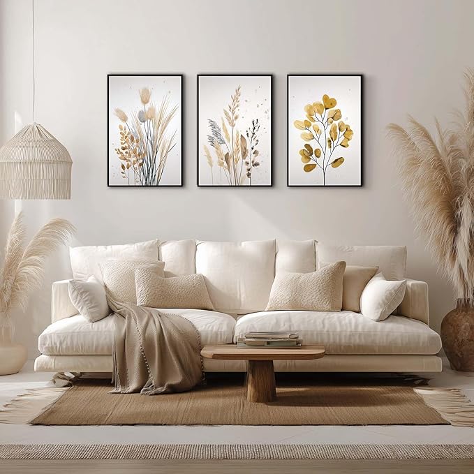 YCJKJDZ Framed Beige Botanical Canvas Wall Art Set of 3, Boho Watercolor Wildflower Pampas Grass Poster Neutral Leaf Art Fall Nature plant Prints for Living Room, Bedroom, Office, – 16x24 in