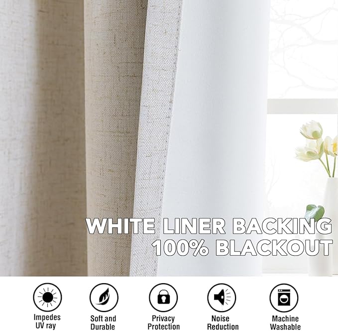 H.VERSAILTEX Linen Curtains 100% Blackout Curtains for Bedroom 45 inch Long Full Light Blocking Nature Linen Blended Window Curtains for Living Room Nickel Grommet (2 Panels, Heathered Natural)