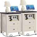 Joaxswe Night Stands with Charging Station Set of 2, Farmhouse Nightstand, White Wooden Bedside End Tables with 2 Drawers and Open Shelf, Bed Side Table for Bedroom, Living Room, Closet, Office