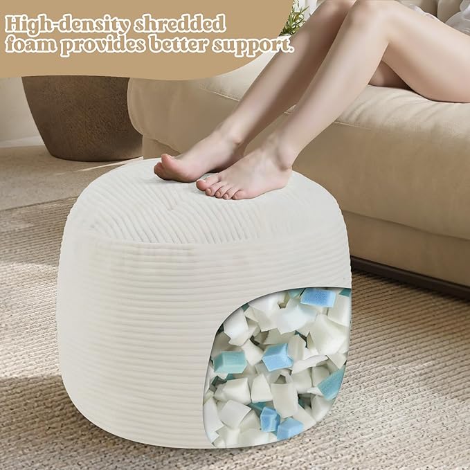 MeMoreCool Round Pouf Ottoman – Beige Corduroy Footrest with Foam Filling Compact Foot Stool for Couch, Living Room Decor, Dorms & Small Spaces