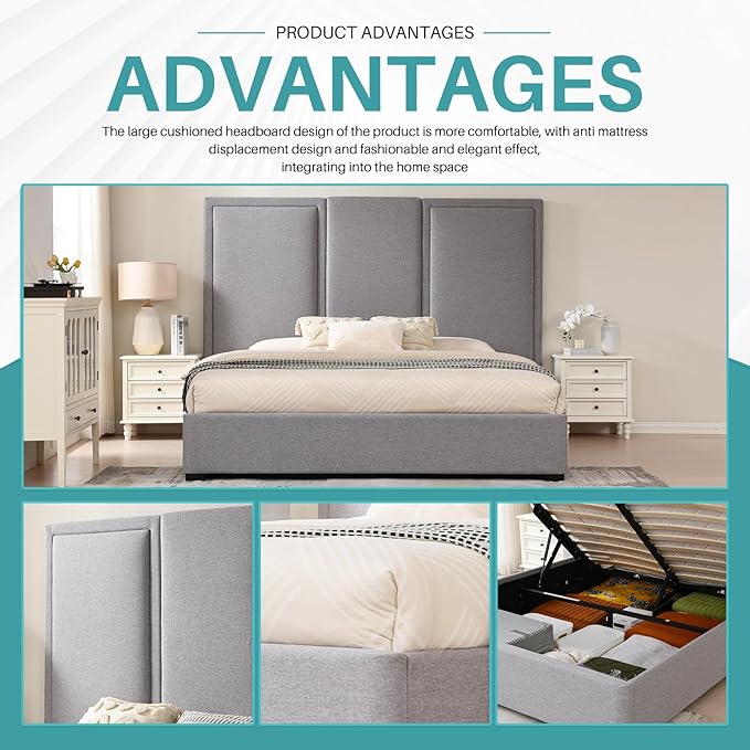 YUHUASHI King Size Bed Frame with 64-inch High Headboard, Simple and Airy Linen Upholstered Platform Bed with Storage Drawers, Wood Slat, No Noise (Grey, King(Hydraulic Lift))
