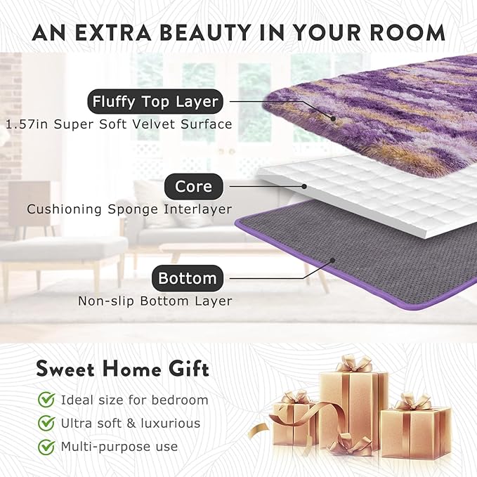 Fluffy Rugs for Living Room Bedroom, 4x6 Feet Abstract Purple Shag Area Rug, Non-Slip Indoor Modern Fuzzy Plush Floor Carpet for Dorm Nursery Kids Room Decor, Soft Shaggy Throw Rug