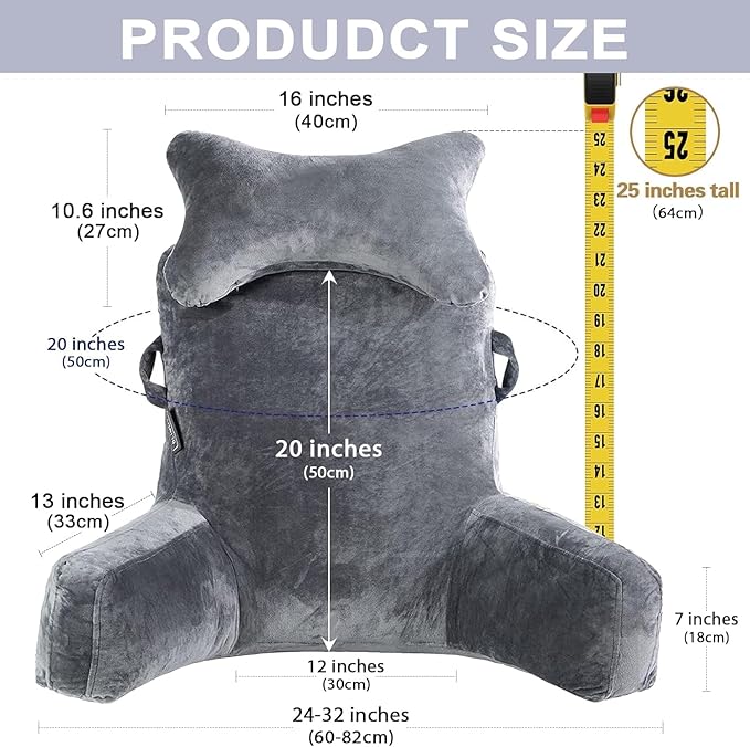 SLIGUY Reading Pillow-Bed Rest Pillow with Detachable Neck Roll & Support Arm for Sitting in Bed Couch or Floor-Backrest Reading Pillow Adult Back Pillow for Reading/Watching TV/Gaming,Dark Grey