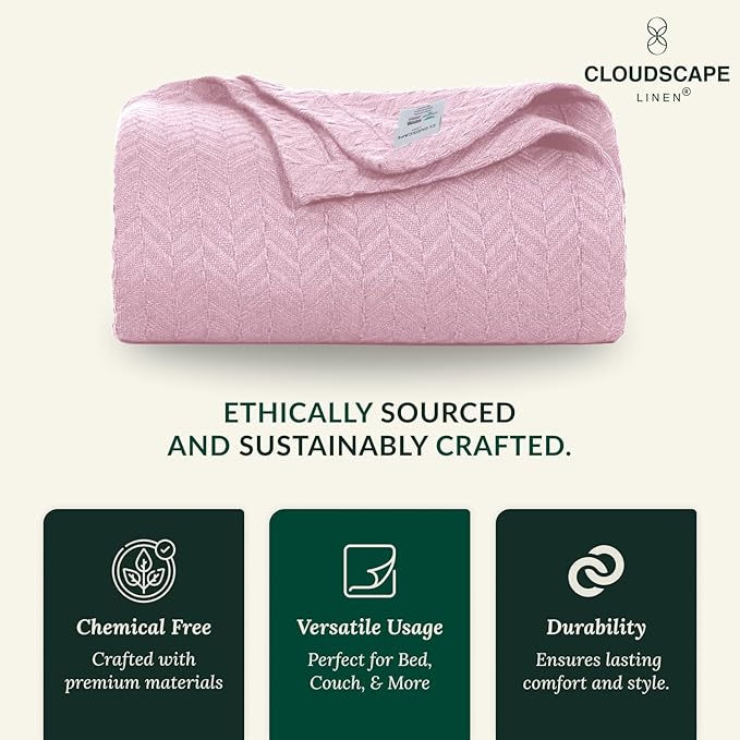 Cloud Scape Linen 100% Cotton Blanket 92x92 Seashell Pink - Cozy Herringbone Weave, Fits Up to for Full Size Beds, Breathable Softness, All-Season Warmth, Winter Blanket, for Women