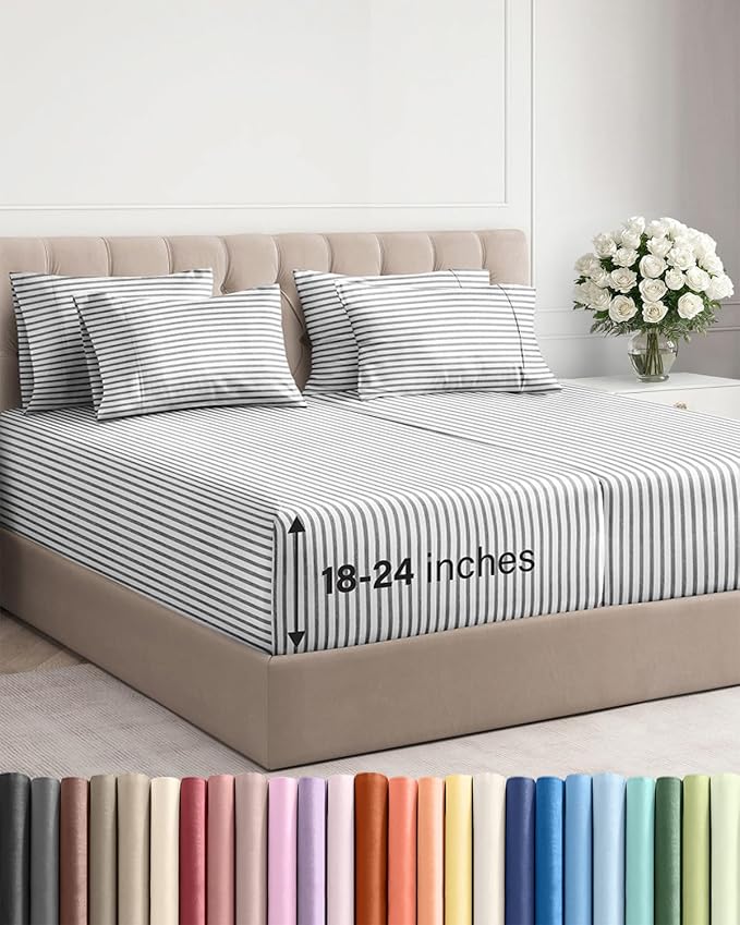 Extra Deep Split King Sheet Set - 7 Piece Breathable & Cooling Sheets - Hotel Luxury Bed Sheets Set - Easy Fit - Soft, Wrinkle Free & Comfy Sheets Set - Grey Striped Sheet Set w/Extra Deep Pockets