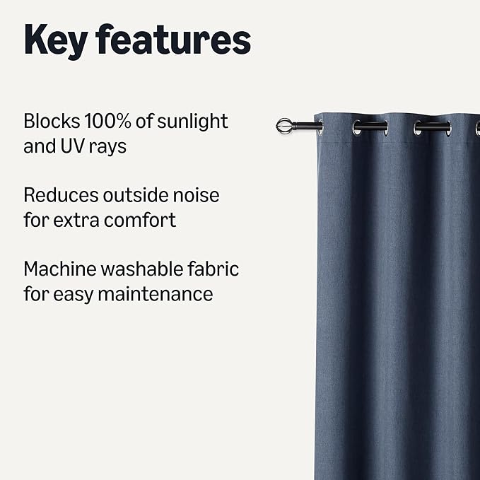 Amazon Basics 100% Blackout Curtains with Grommets, 2 Panels, 52 x 96 Inches, Navy