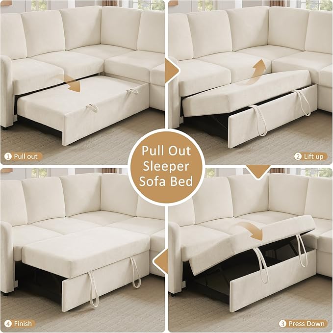 111'' Sectional Sleeper Sofa with Pull Out Bed, U Shaped 6 Seat Modular Couch with Storage Chaise, Modern Sectional Couch, Cloud Chenille Sofa Bed for Living Room Apartment, Beige