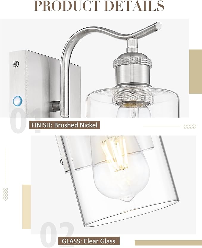 Battery Operated Wall Sconces Set of 2, Brushed Nickel Rechargeable Wall Lights with 5200mAh Battery and Touch Control, Dimmable Wireless Sconce Lamp for Bedroom Hallway Bathroom ZCVL01BN-1A-2P