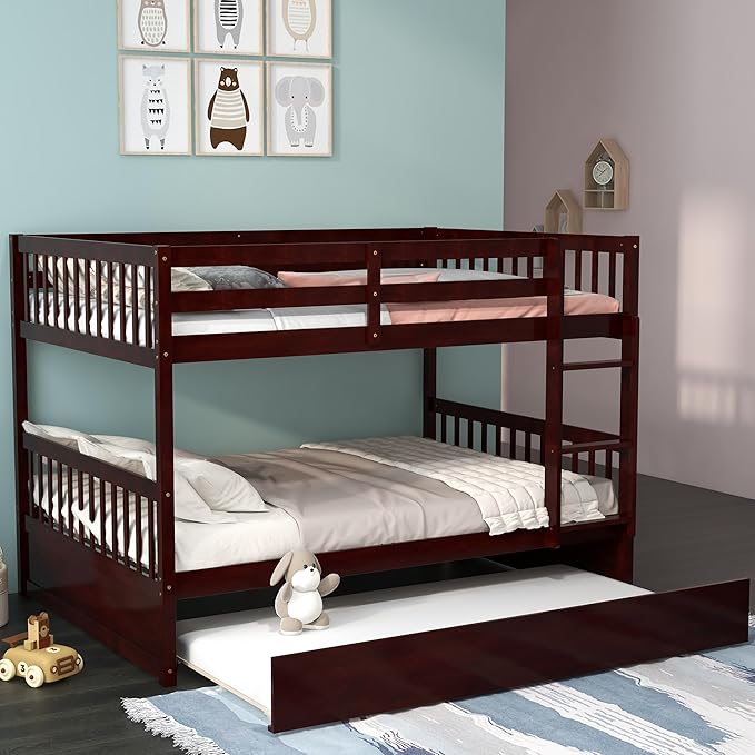 KOMFOTT Wood Full Over Full Bunk Bed with Trundle, Full Bed Frame with Ladder, Solid Wood Frame & Safety Guardrails, Space-Saving Bunk Bed for Teens & Adults, No Box Spring Needed